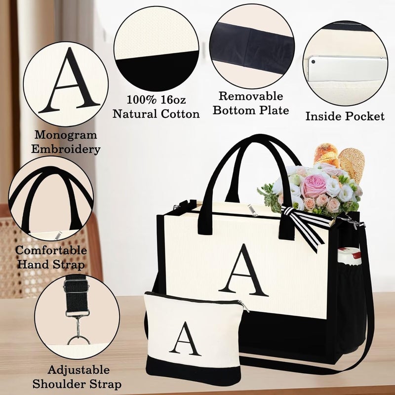 YOOLIFE Valentines Day Gifts for Women - Initial Canvas Tote Bag & Makeup Bag, Birthday Gifts for Women Mom Sister Friends - Image 5